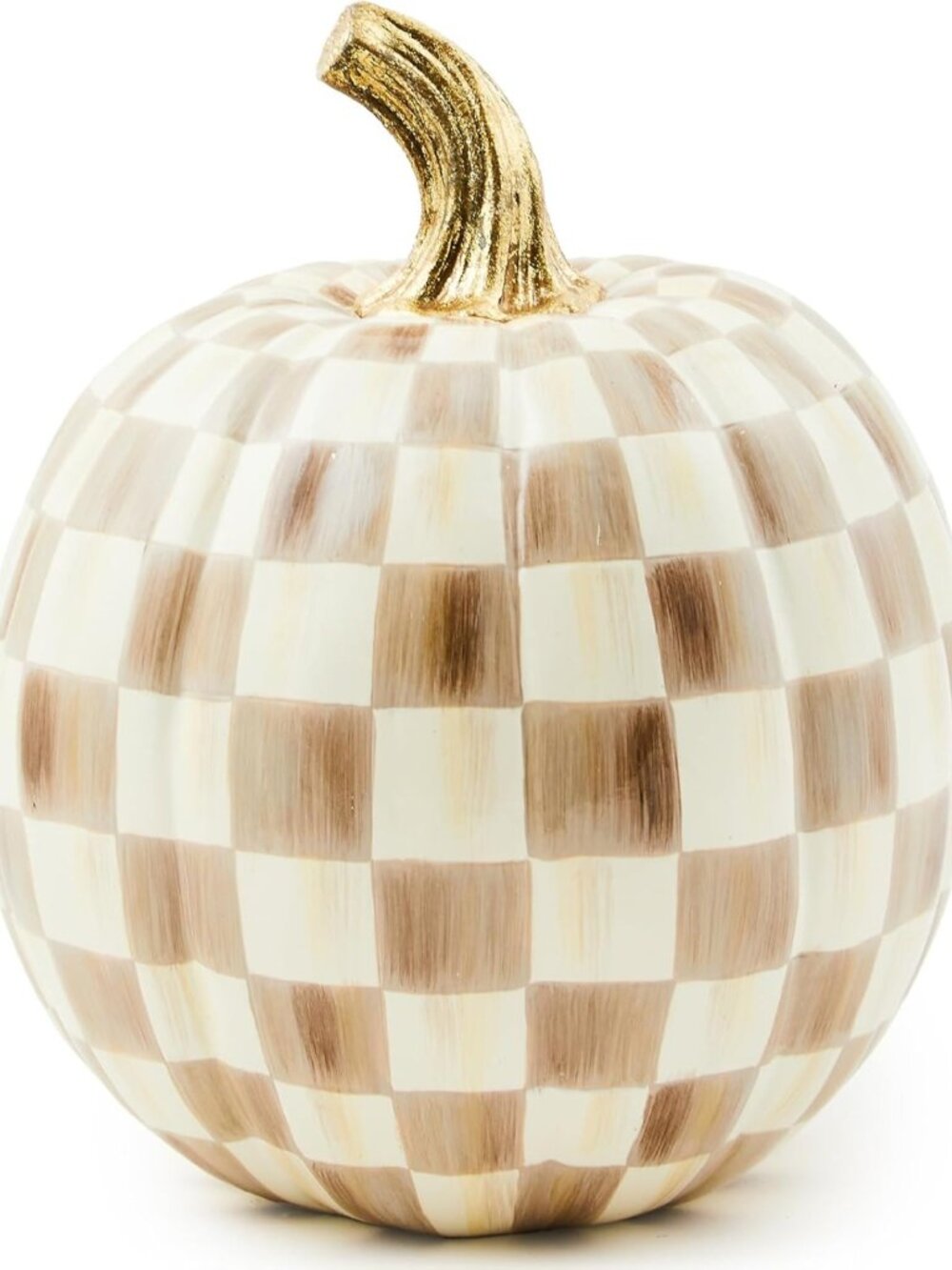 Small Brown and White Mocha Check Resin Pumpkin Decor - Fall Home Accent
